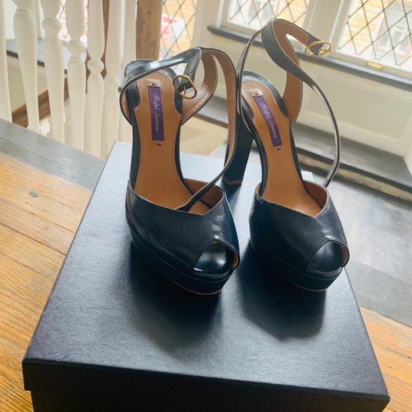 Ralph Lauren Leather Navy Peep Toe Heels - Picture 1 of 5